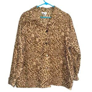 Toto N Ko Womens Animal Print Button-Up Blouse Size 1X Cotton Blend Brown & Beig